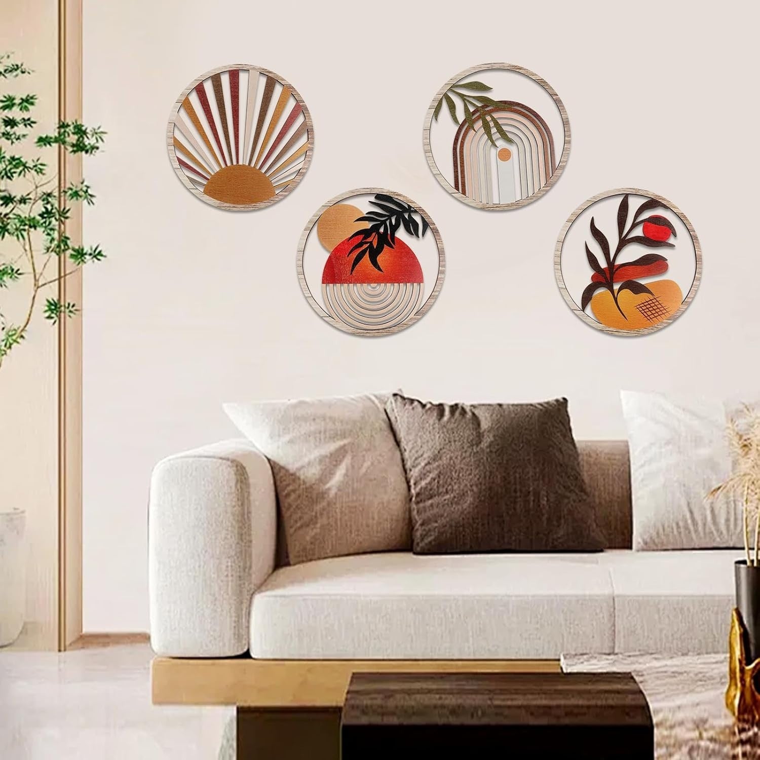 4PCS Boho Wooden Wall Art Botanical Hanging Round Farmhouse Decor