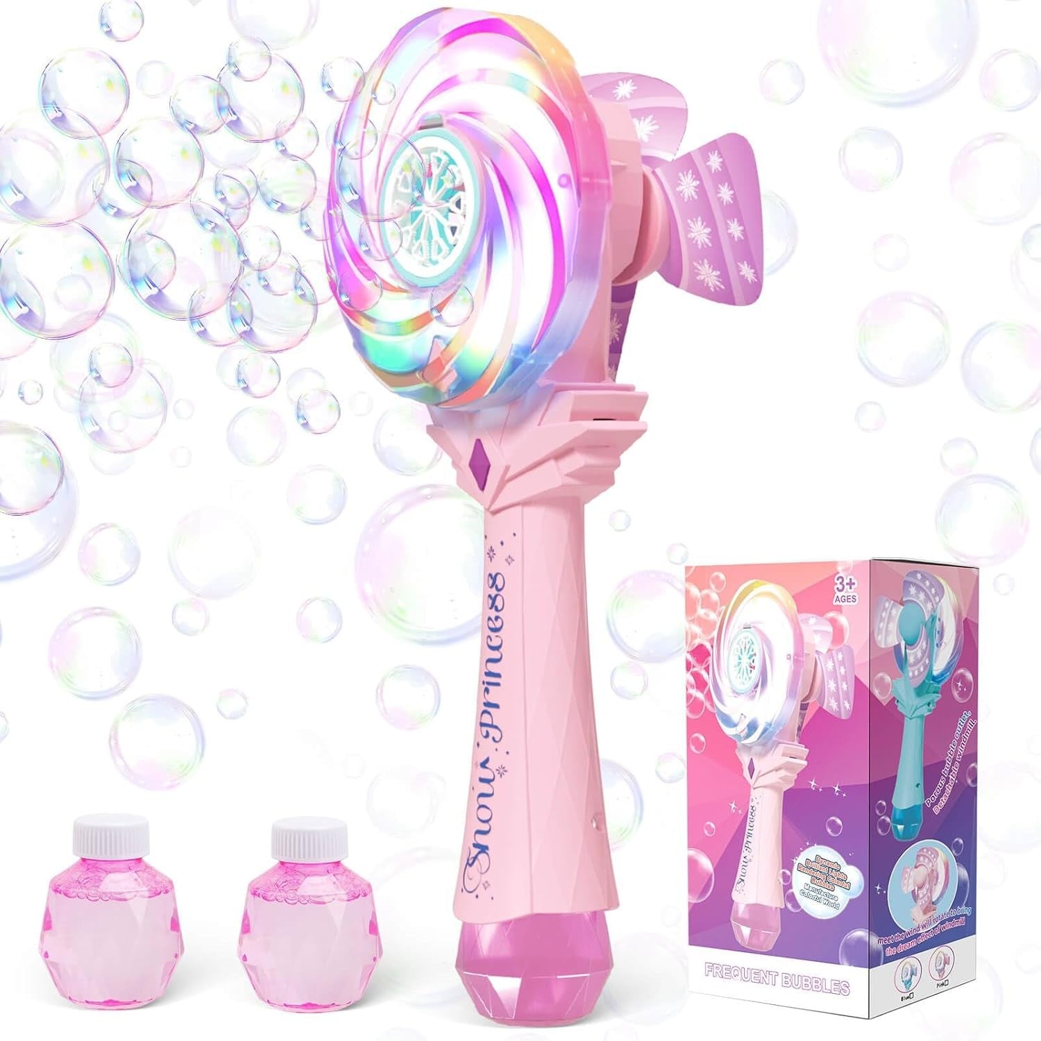 Pink Bubble Wand Toy for Girls LED Windmill Bubble Machine