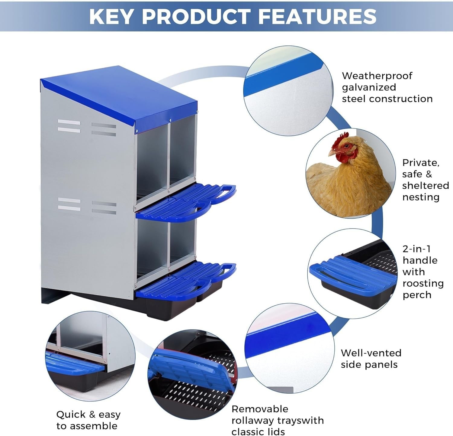 4 Chamber 2 Tier Steel Chicken Nest Box Pull Out Tray