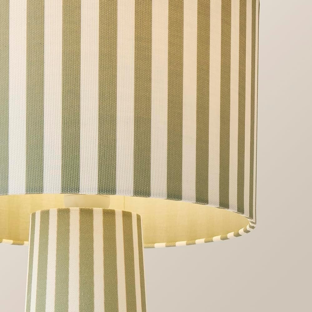 Green Cream Stripe Table Lamp Retro Fabric Drum Shade LED Ready E27 Light