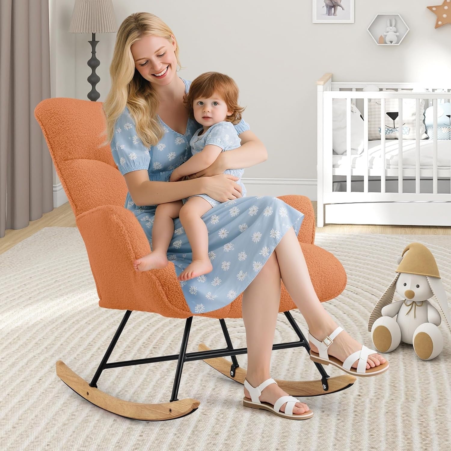 Teddy Fleece Rocking Chair for Adults Nursery Glider Armchair Orange