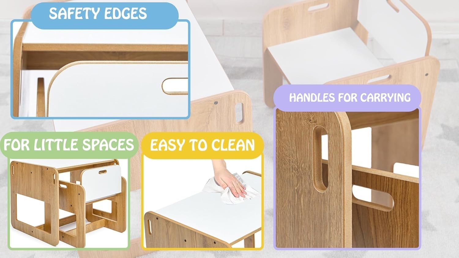 Kids Square Table & 2 Chairs Set MDF Natural Wood-Look, Safe Durable Play