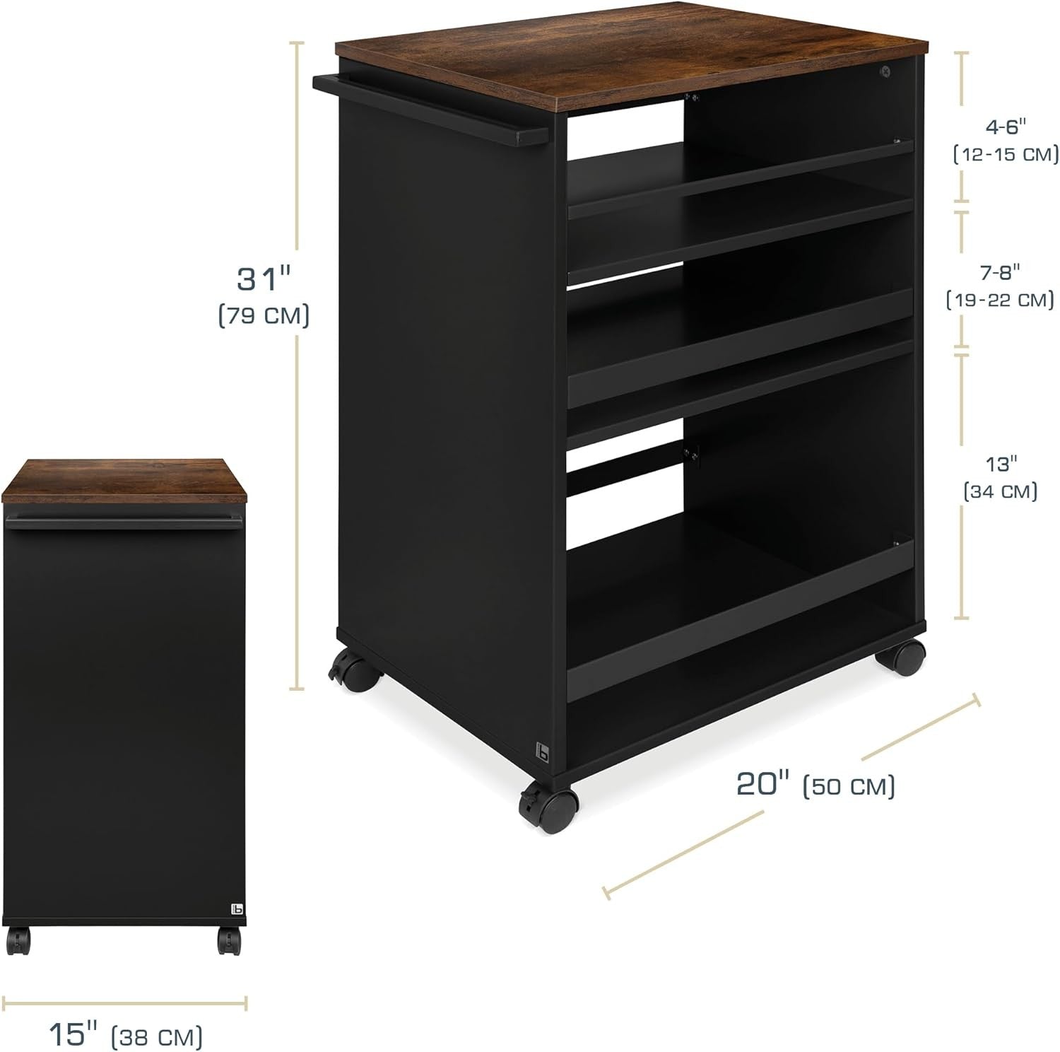 Kitchen Cart Trolley Wheels 3 Tier Adjustable Shelves Wooden Worktop