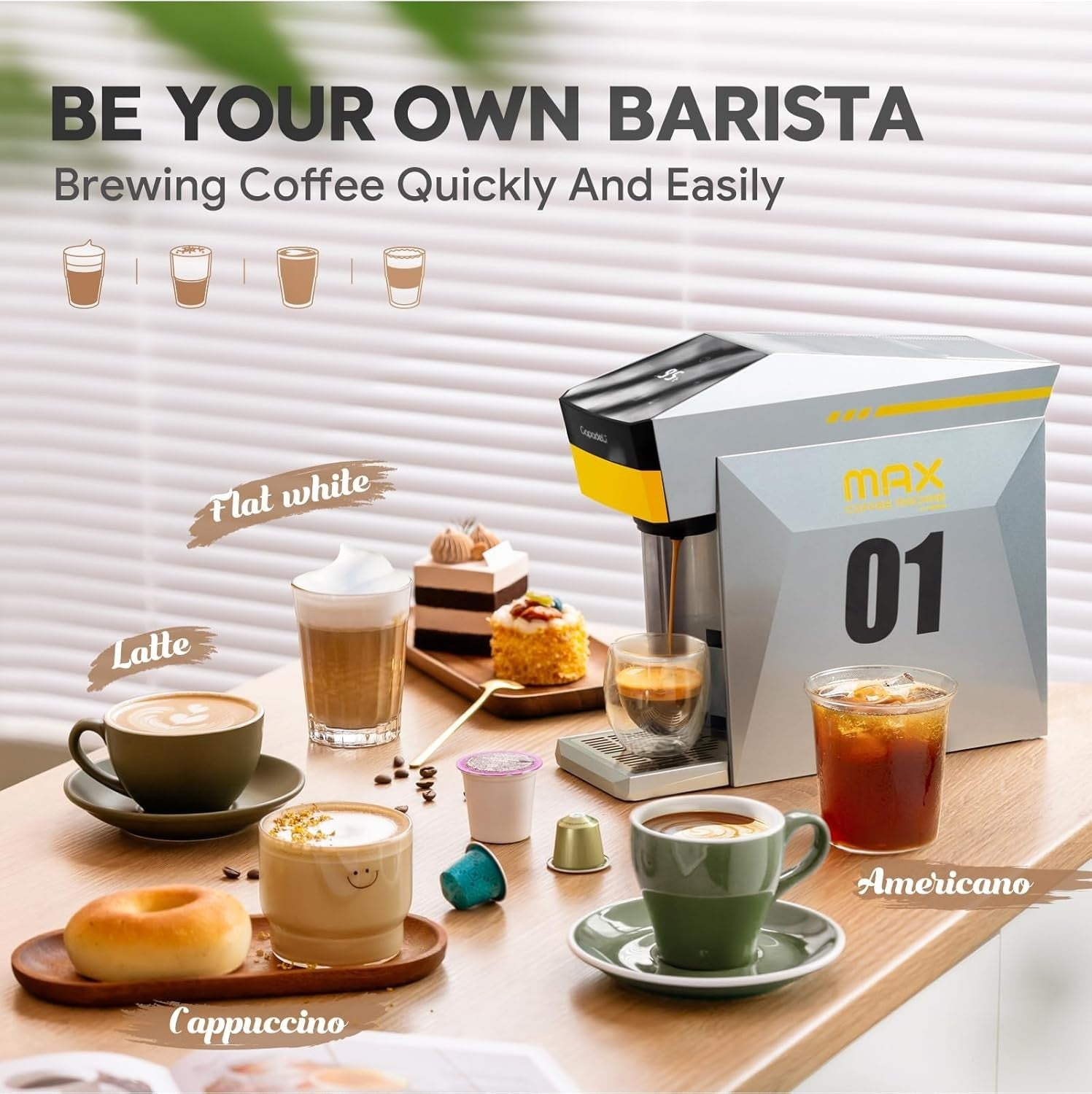 4in1 Pod Coffee Machine 19Bar Single Serve Multi Capsule Fast Brew Grey