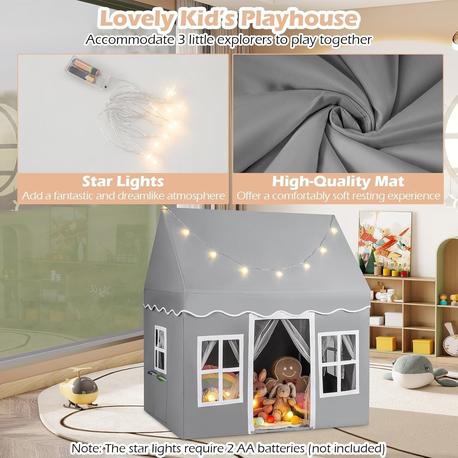Grey Kids Castle Play Tent Star Lights Large Indoor Fairy House
