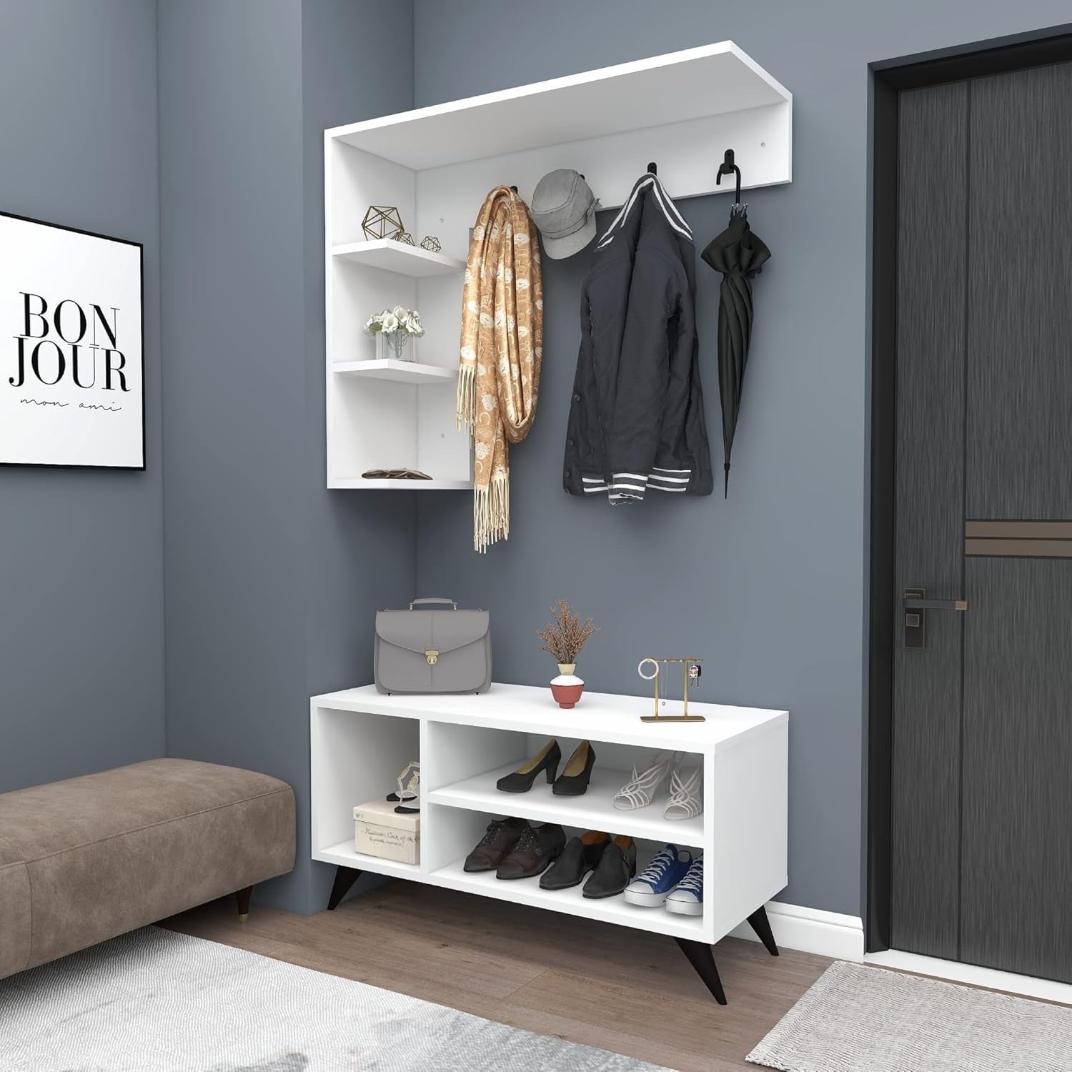 White Coat Rack & Shoe Storage Bench – Modern Wall Hallway Organizer Unit