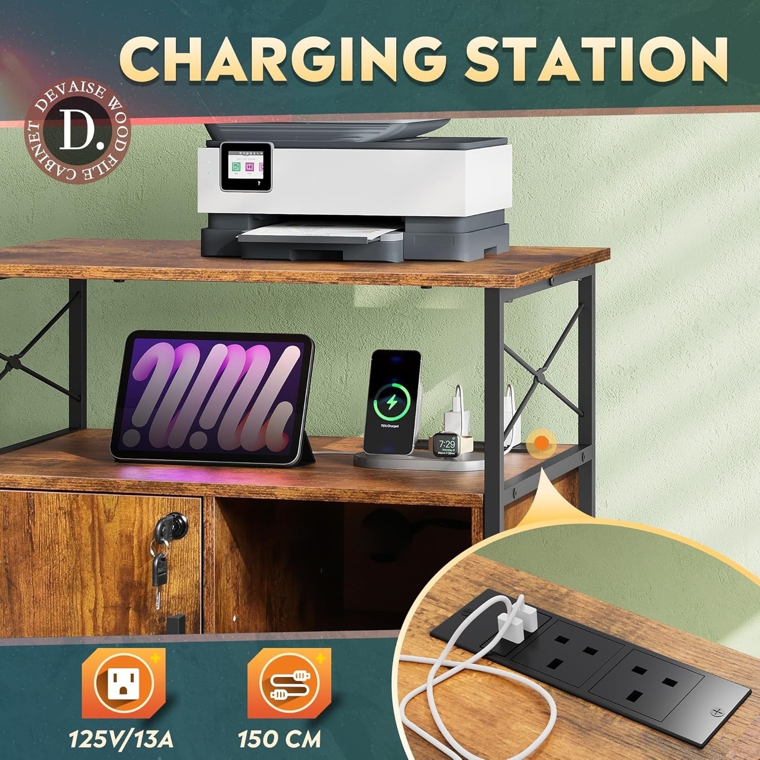 Mobile File Cabinet with Power Outlets Lockable Printer Stand 66cm