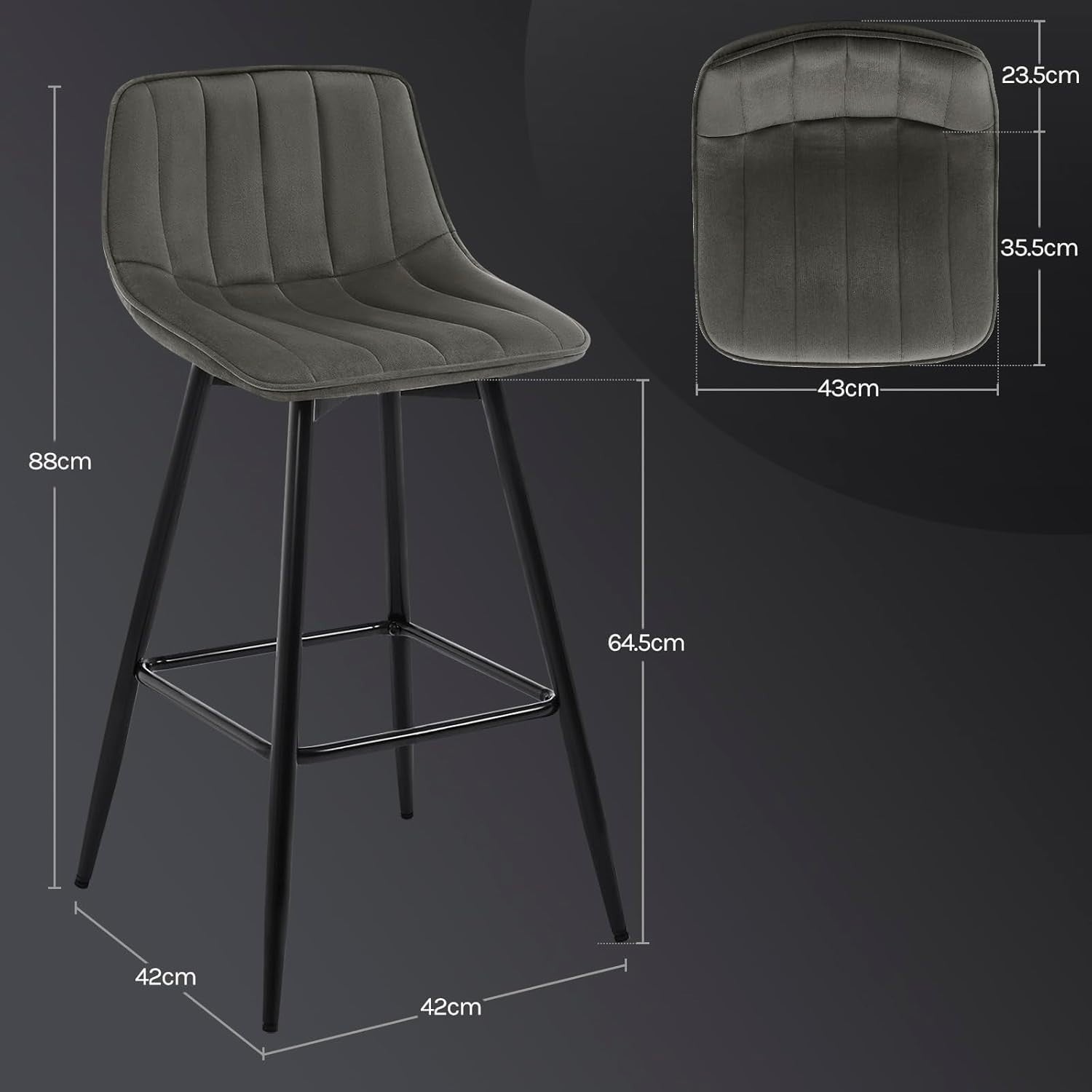 Contemporary Velvet Bar Stools Set of 2 Dark Grey Metal Kitchen Chairs