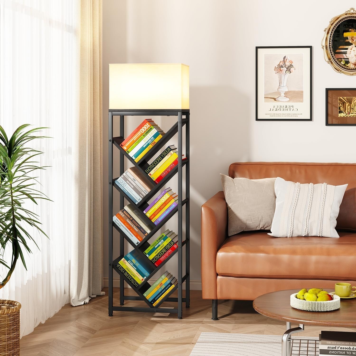 9-Tier Tree Bookshelf Black Wooden Floor Standing Corner Shelf Storage