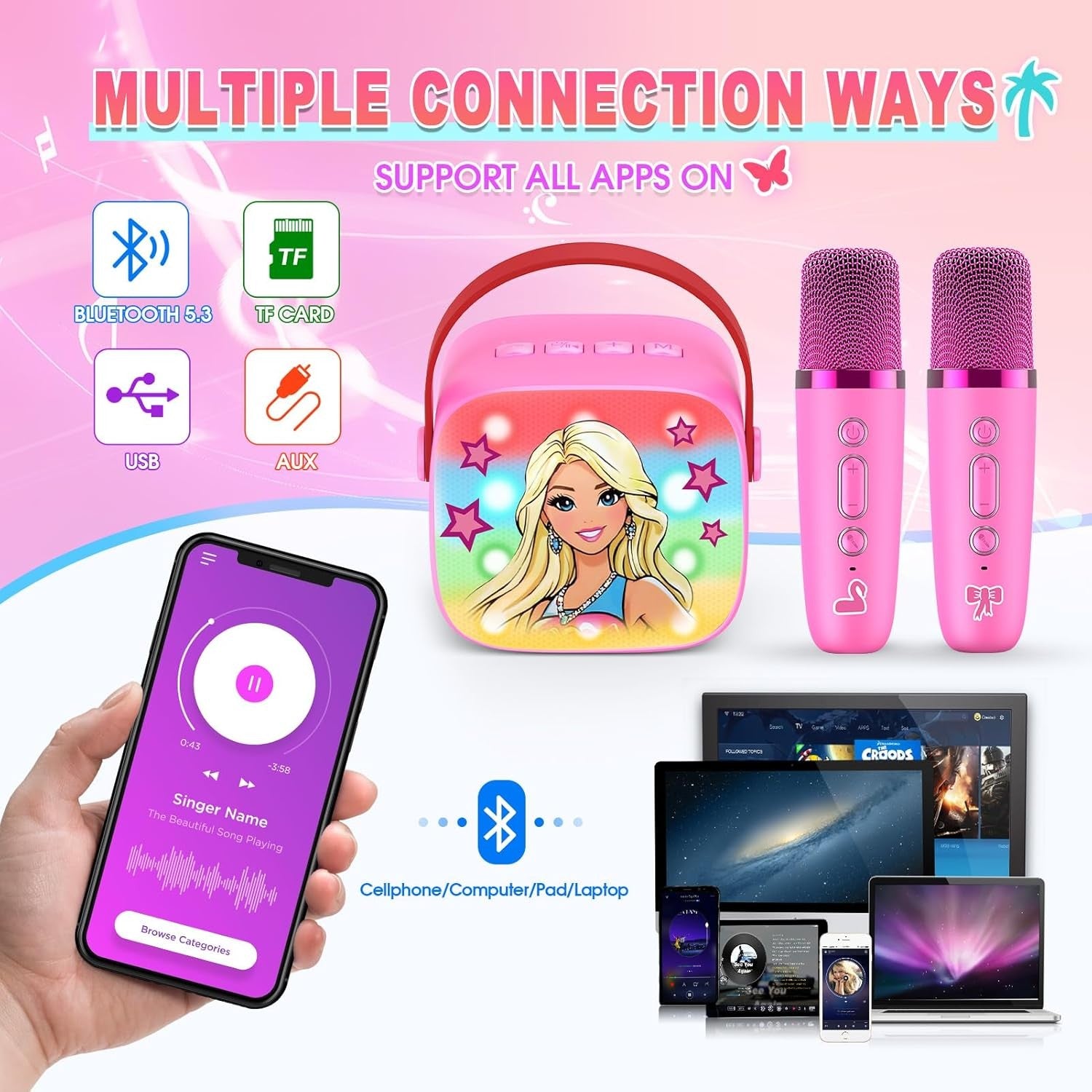 Mini Karaoke Machine Kids Bluetooth Speaker 2 Mics Pink Princess