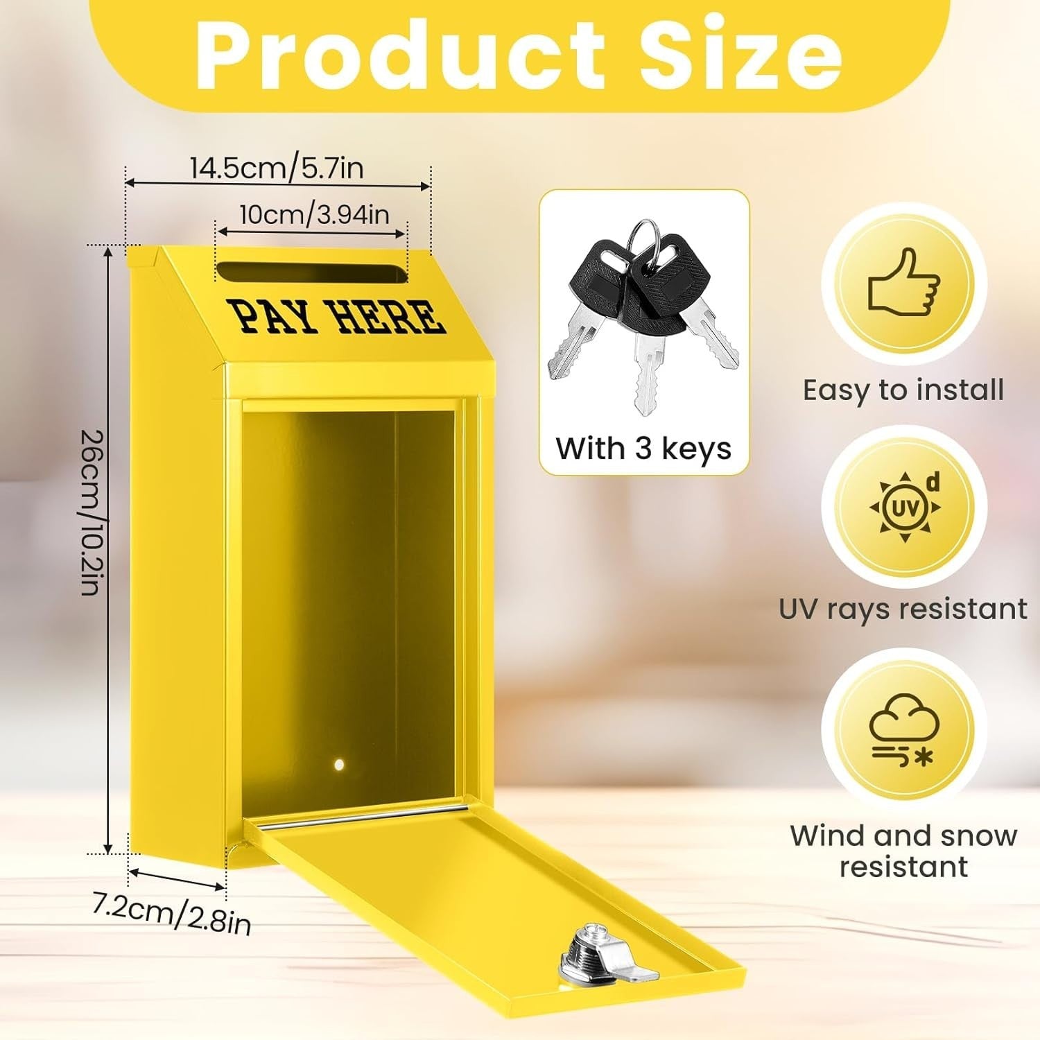 Lockable Donation Box Cash Collection Box Wall Mount Pay Here Yellow