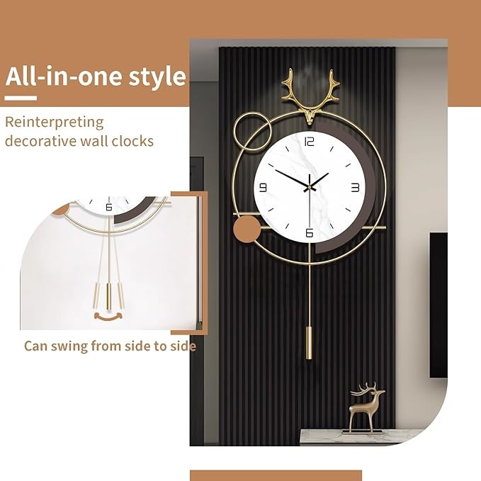Modern Deer Pendulum Wall Clock 25in Large Silent Quartz Metal Home Decor