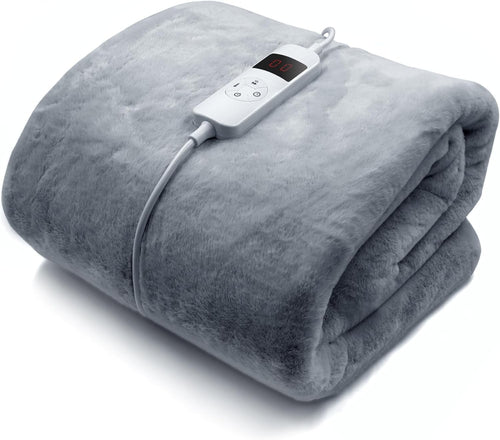 Electric Heated Faux Fur Throw Blanket 9 Heat Settings Timer Washable Grey