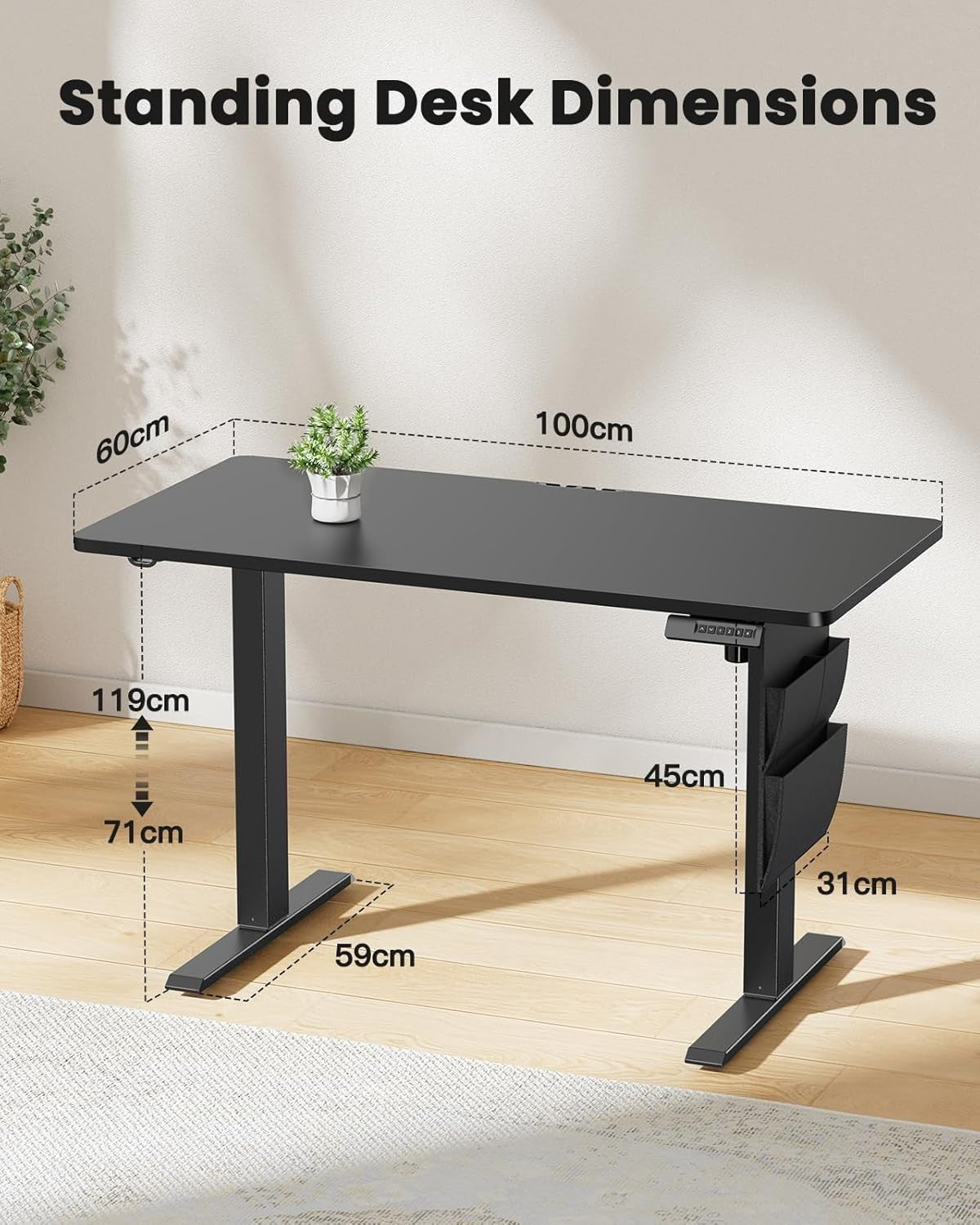 Black Electric Standing Desk 100x60cm Adjustable Sit Stand Table w/Storage