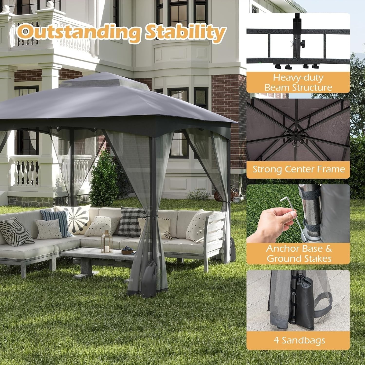 3x3M Garden Gazebo Double Roof Patio Tent With Netting & Sandbags Grey