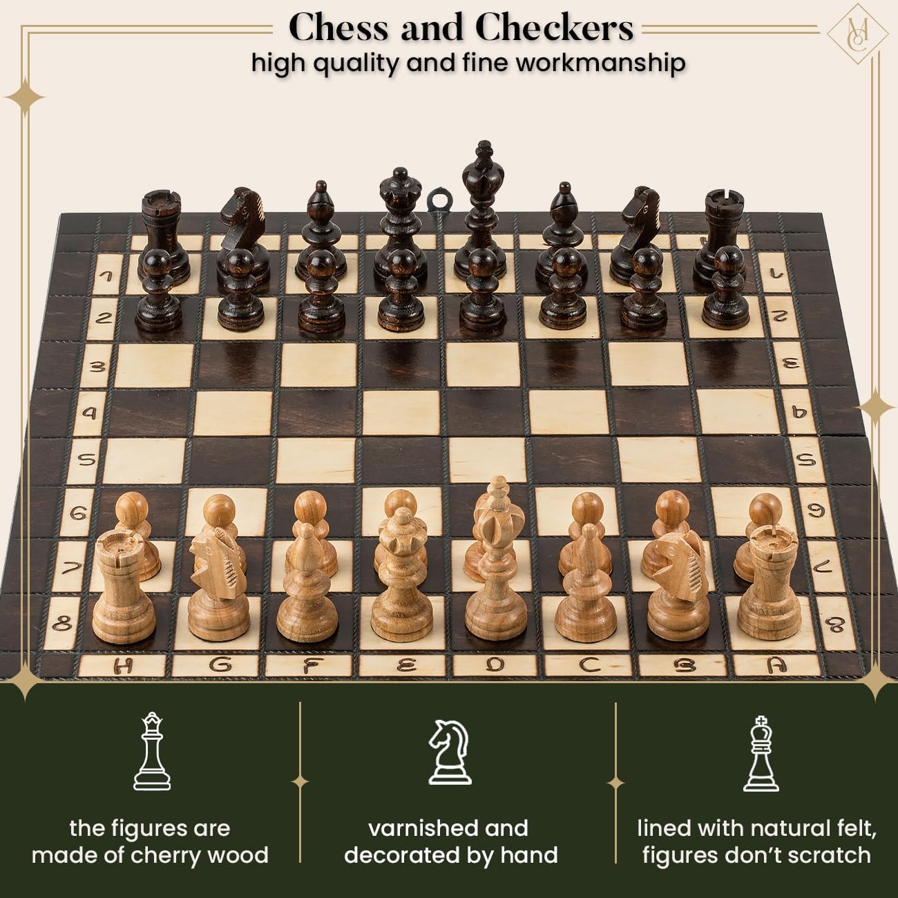 35cm Cherry Wood Chess & Draughts Set | 2-in-1 Folding Board Game for Adults & K