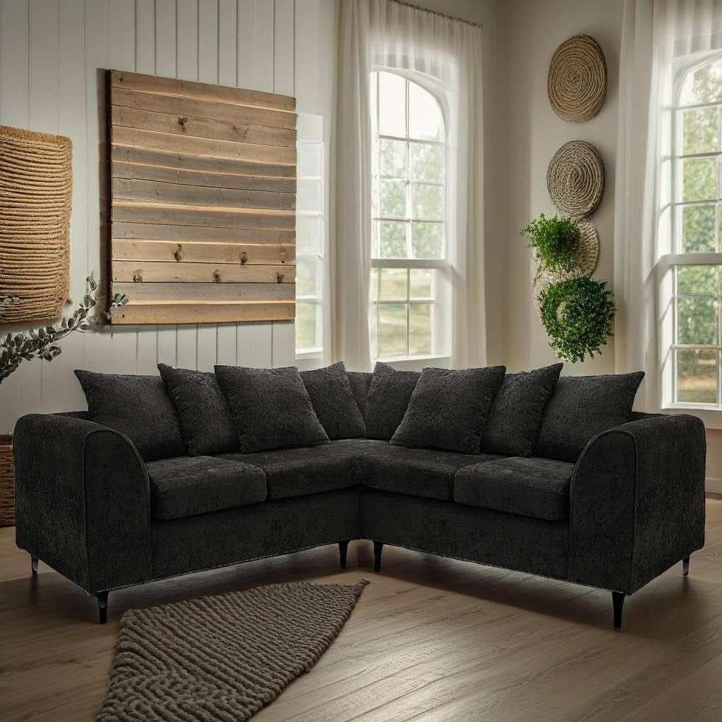 2C2 Black Chenille Corner Sofa – Large 5 Seater L-Shape Settee with Scatter