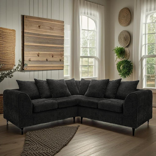 2C2 Black Chenille Corner Sofa – Large 5 Seater L-Shape Settee with Scatter