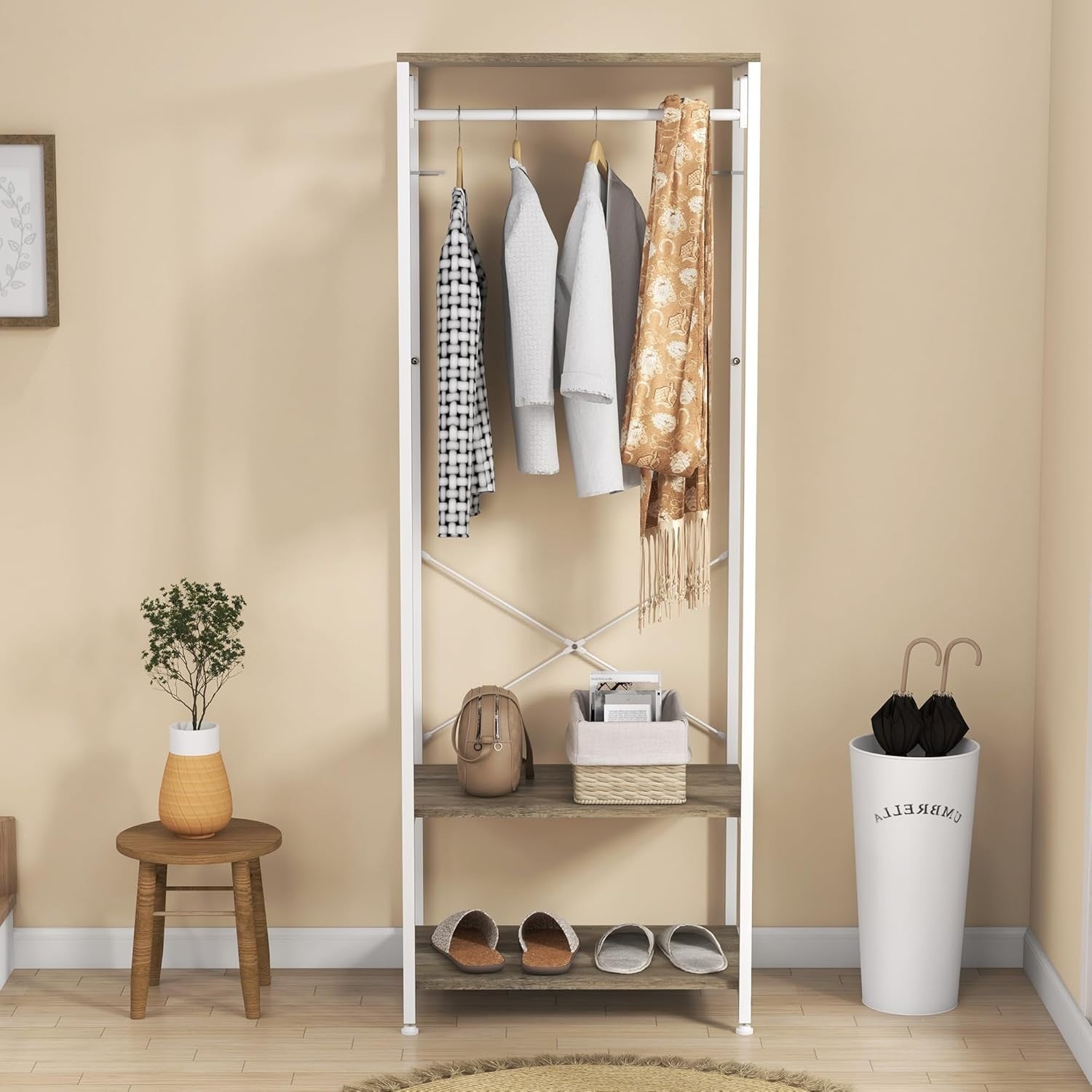 2-in-1 Coat Rack Hall Tree w/ Shoe Shelves Grey White 168cm