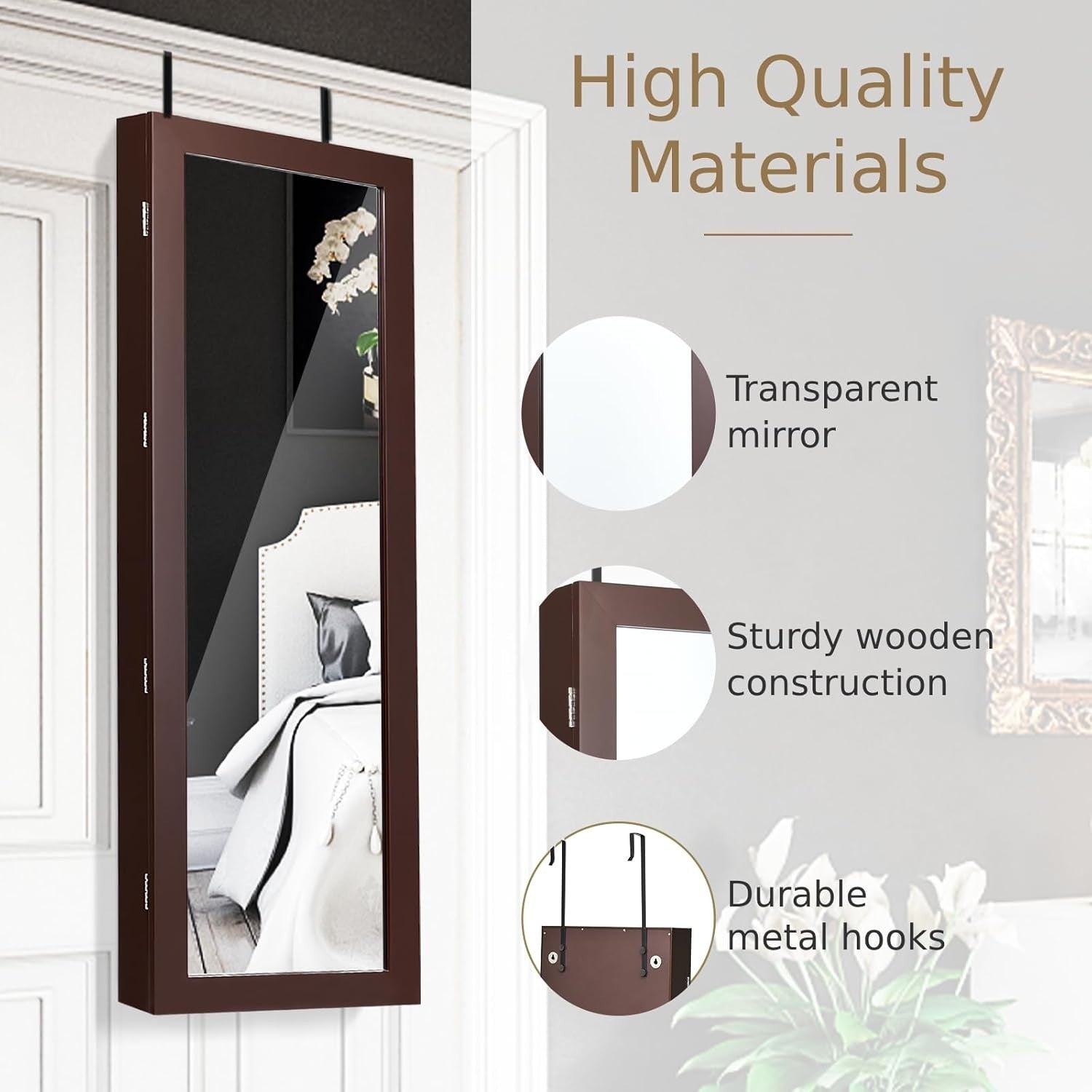 Brown Wall Door Mounted Jewellery Cabinet Lockable Mirror Organizer