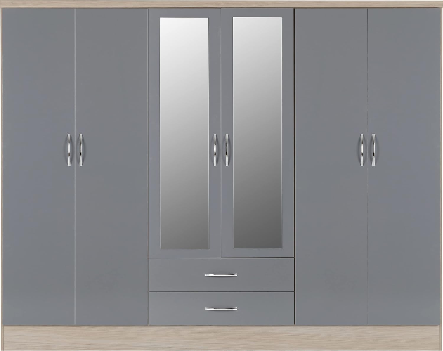 Large 6-Door Grey & Oak Wardrobe with Mirrors & 2 Drawers | Secure Storage
