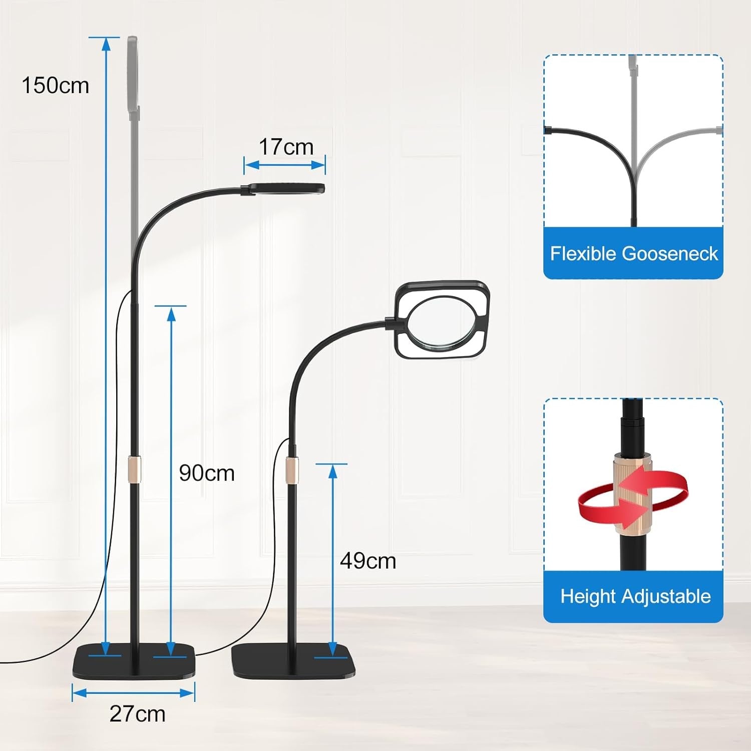 8X LED Magnifying Floor Lamp Dimmable Light Adjustable Stand Reading
