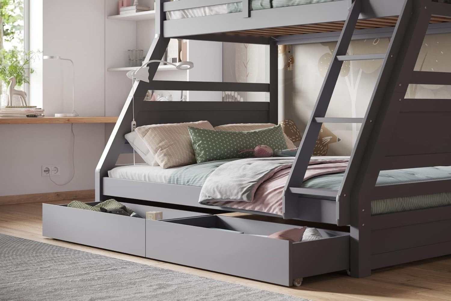 Triple Bunk Bed with Storage Drawers – Grey Wooden Kids Sleeper