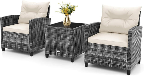 3PC Rattan Garden Bistro Set White Chairs Cushions Table Outdoor Furniture