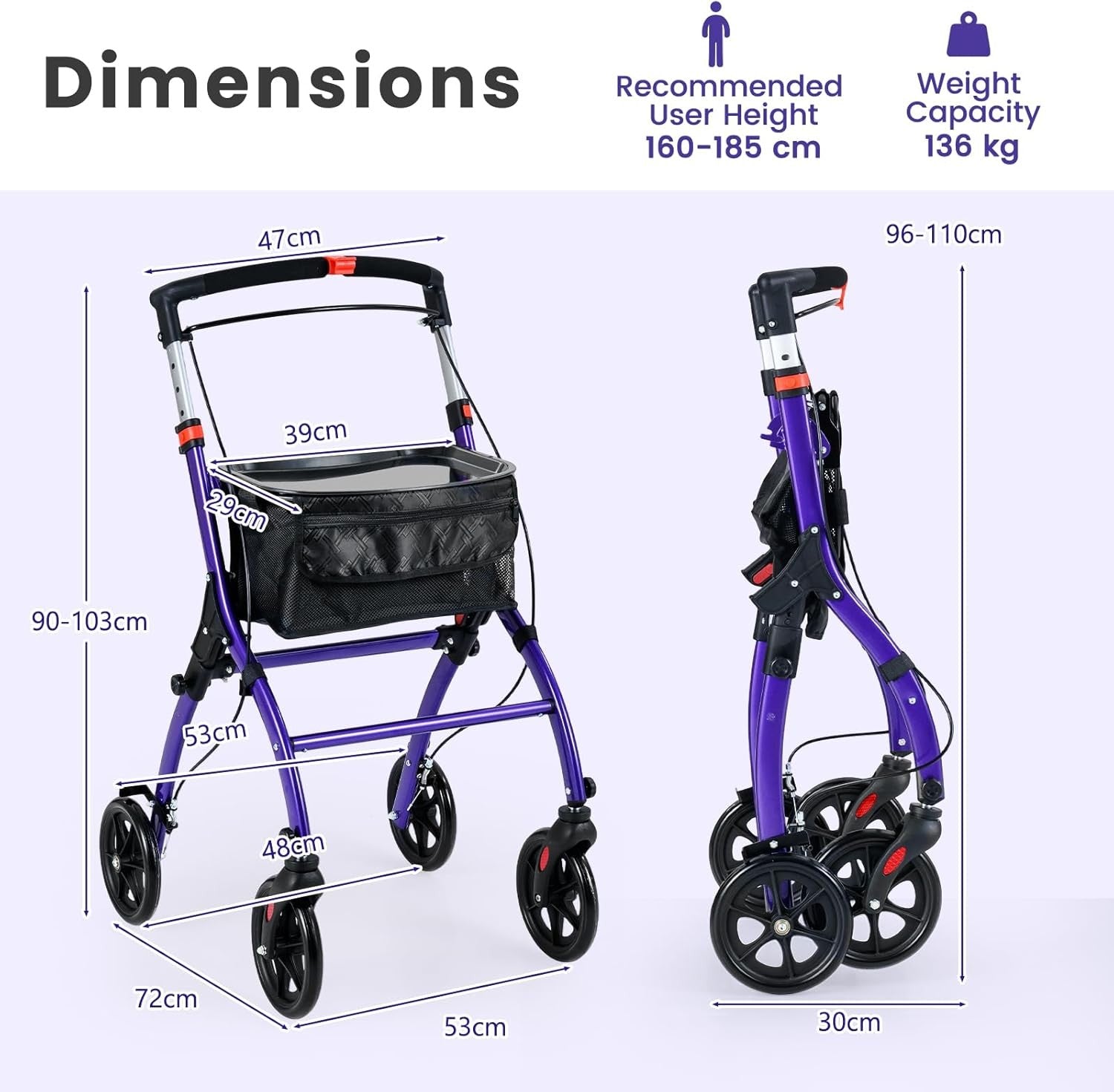Lightweight Folding Rollator Walker 4 Wheel Basket Brakes Narrow Purple