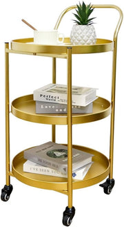 3 Tier Gold Rolling Bar Cart Metal Serving Trolley with Wheels Lockable