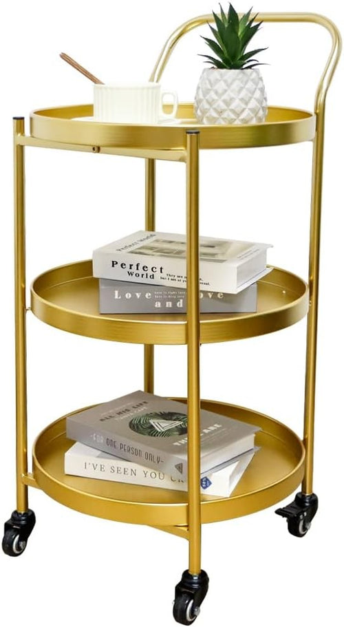 3 Tier Gold Rolling Bar Cart Metal Serving Trolley with Wheels Lockable