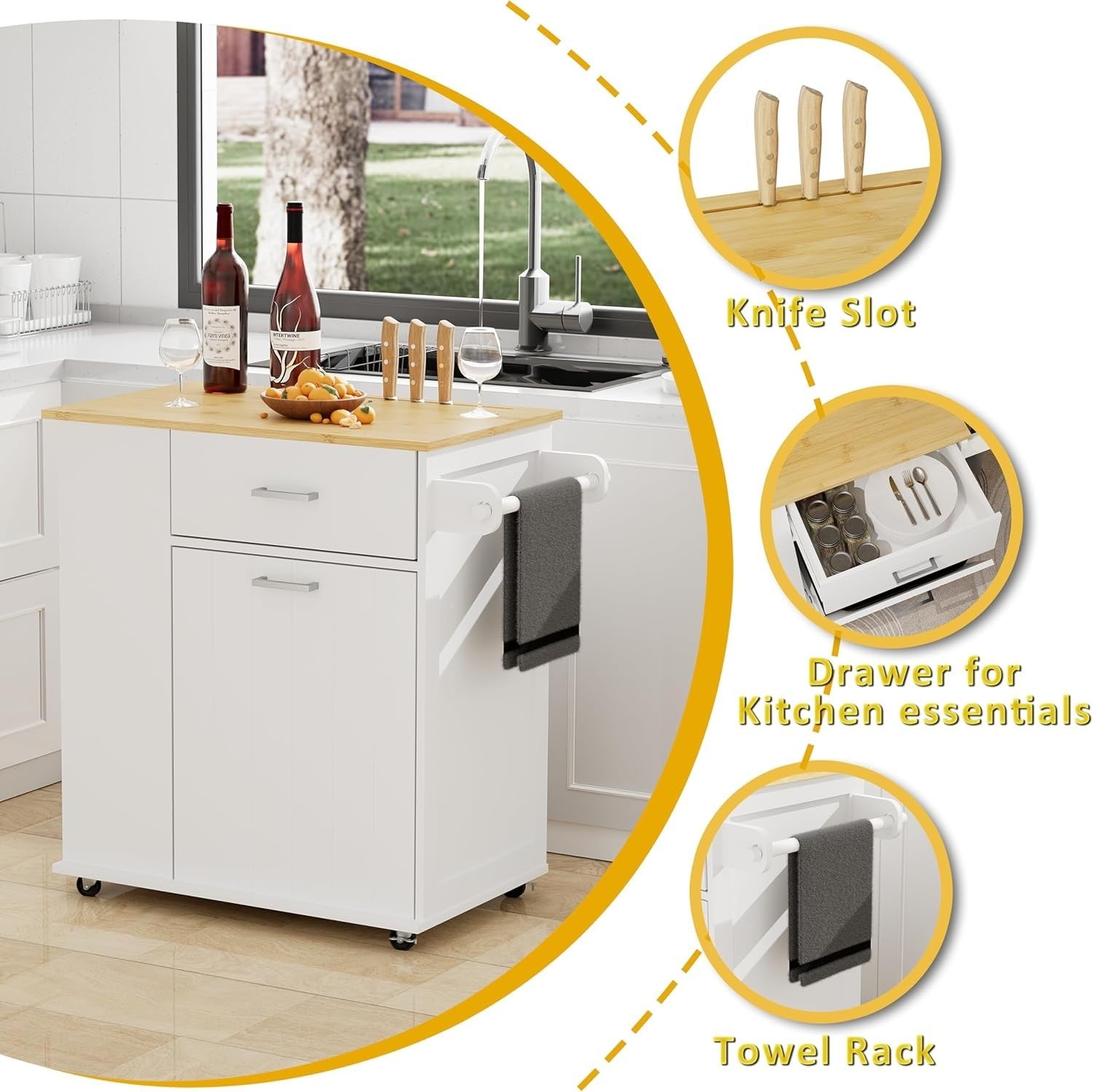 White Rolling Kitchen Island with Tilt-Out Trash Bin, Spice Rack & Towel Bar