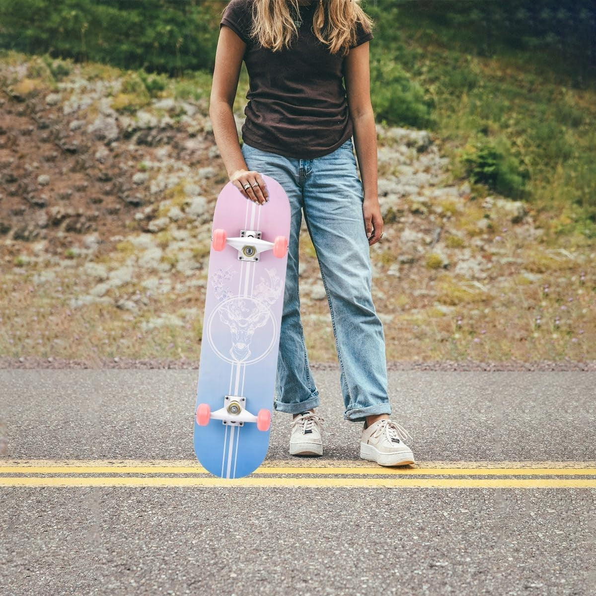 31in Beginner Skateboard Double Kick Maple Deck Pale Pink + T Tool