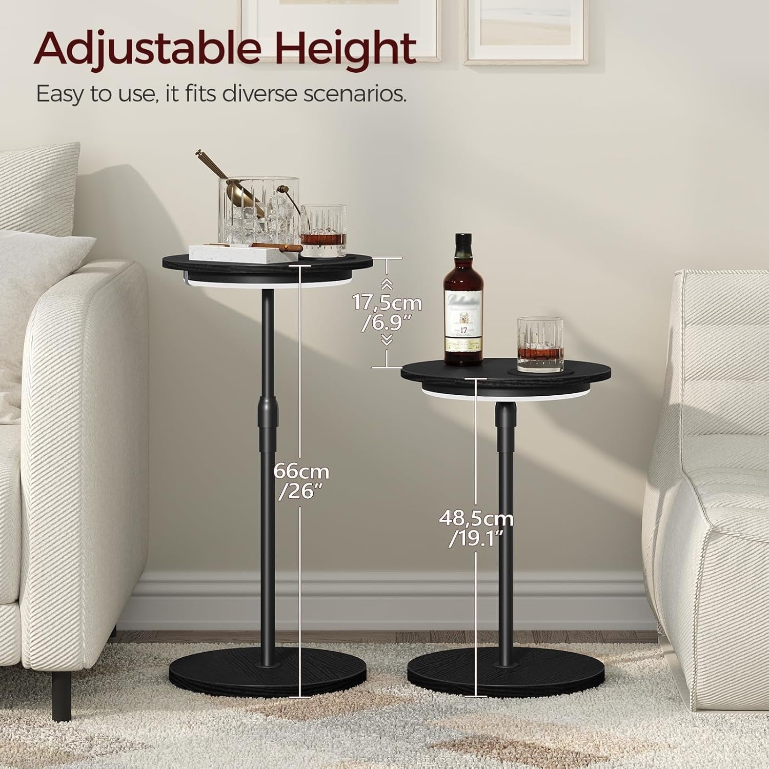 Adjustable Height Round Side Table with LED Light & Cup Holder, Compact 32cm