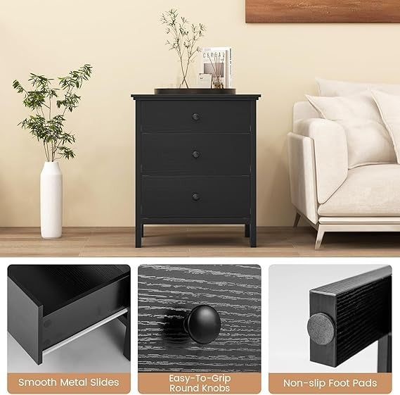 Tall Black Bedside Table with 4 Drawers – Modern Wooden Storage Cabinet Unit