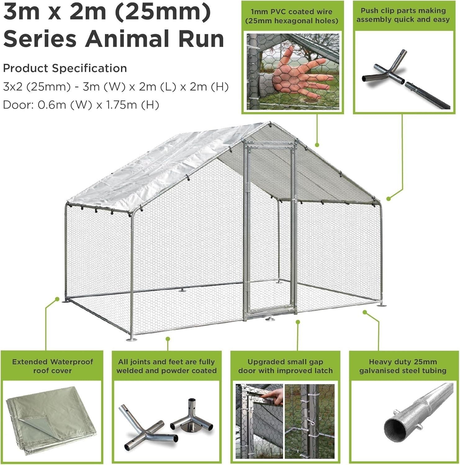 Heavy Duty Walk In Poultry Run Galvanised Steel Secure Door Roof 3x2m