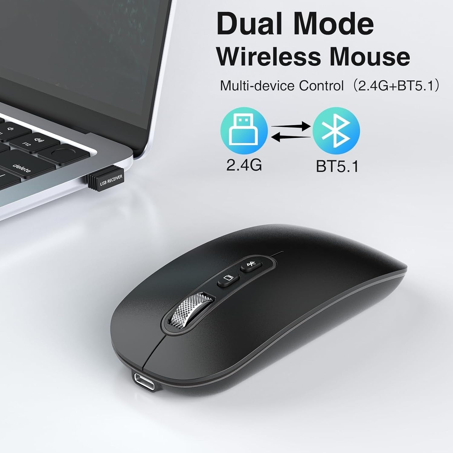 Bluetooth Wireless Mouse Rechargeable Silent USB Slim Black