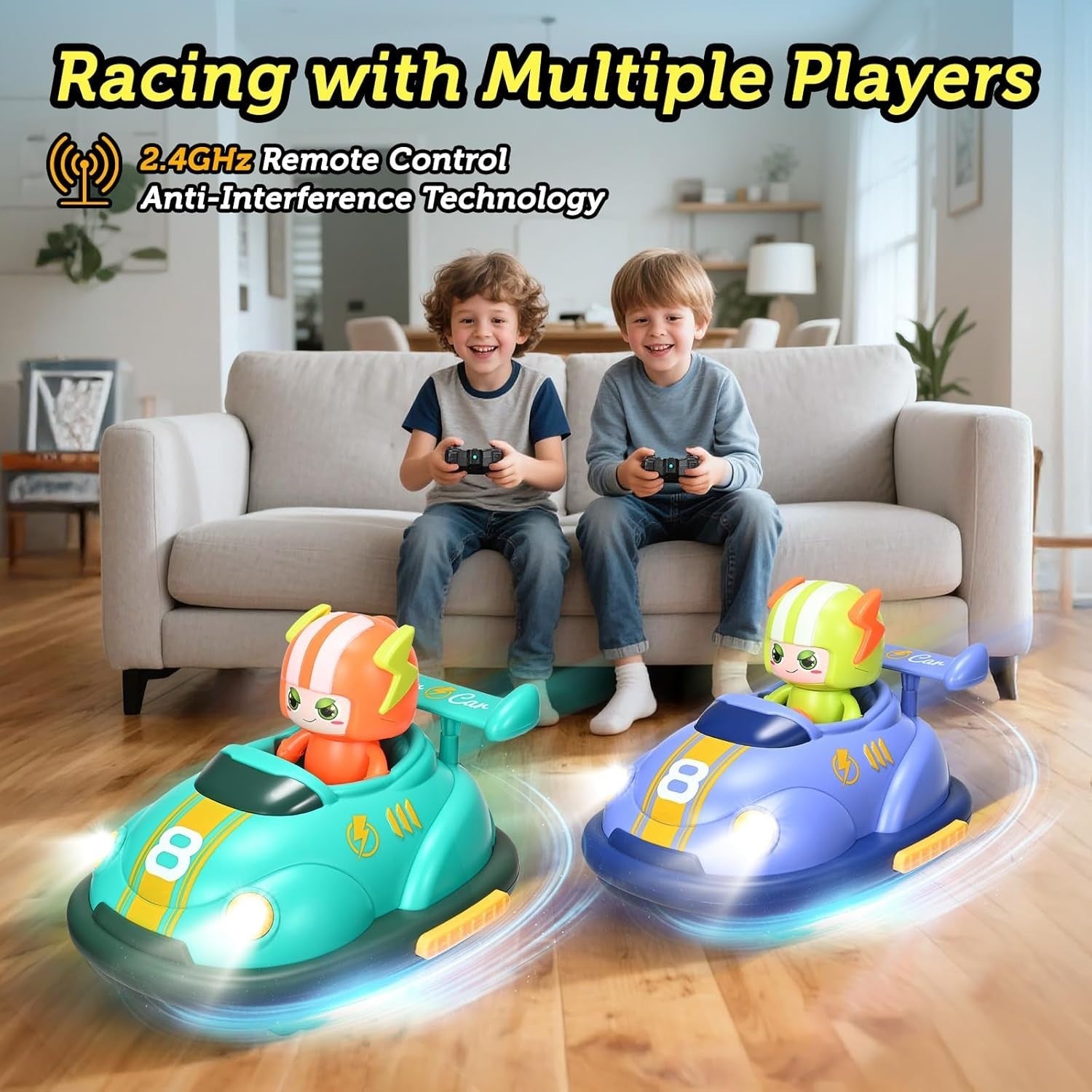 RC Bumper Cars Set of 2 with Lights & Music – Ejecting Figures & Soccer Game