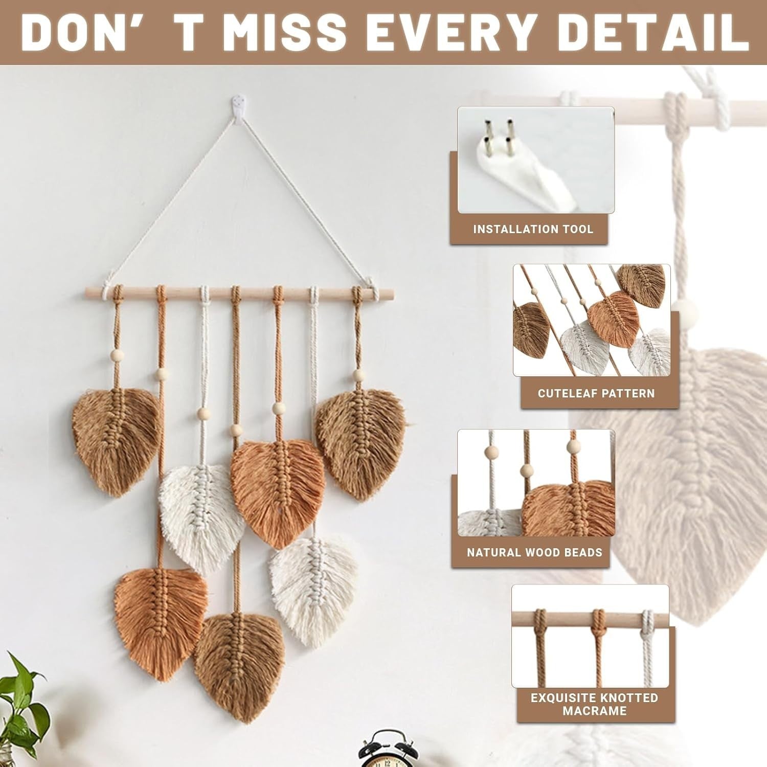 Khaki Boho Macrame Leaf Wall Hanging 40x80cm Cotton Tapestry