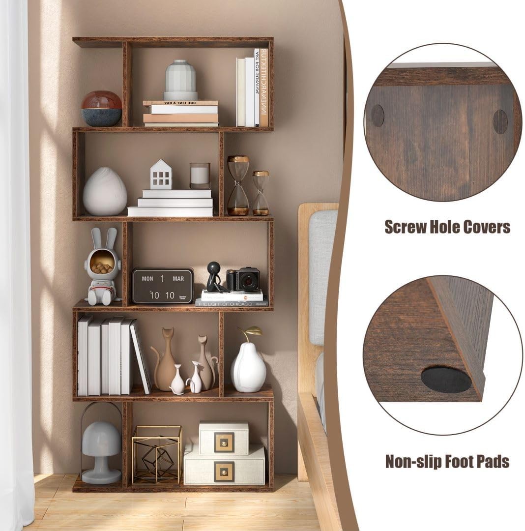 Rustic Brown S-Shaped 5/6 Tier Bookcase Modern Display Shelf Freestanding Unit