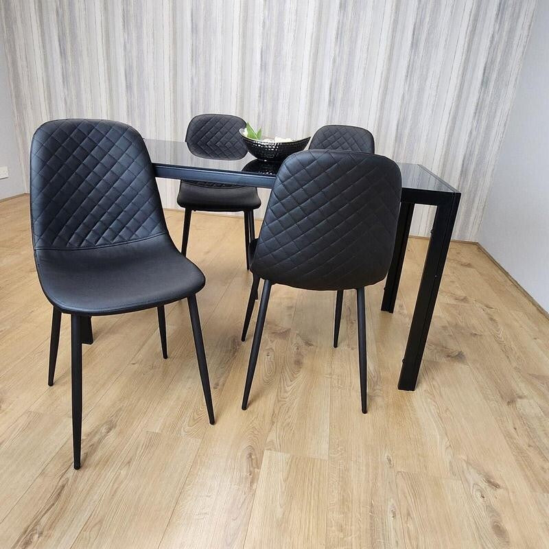 Black Glass Dining Table Set with 4 Leather Chairs Modern Italian Design