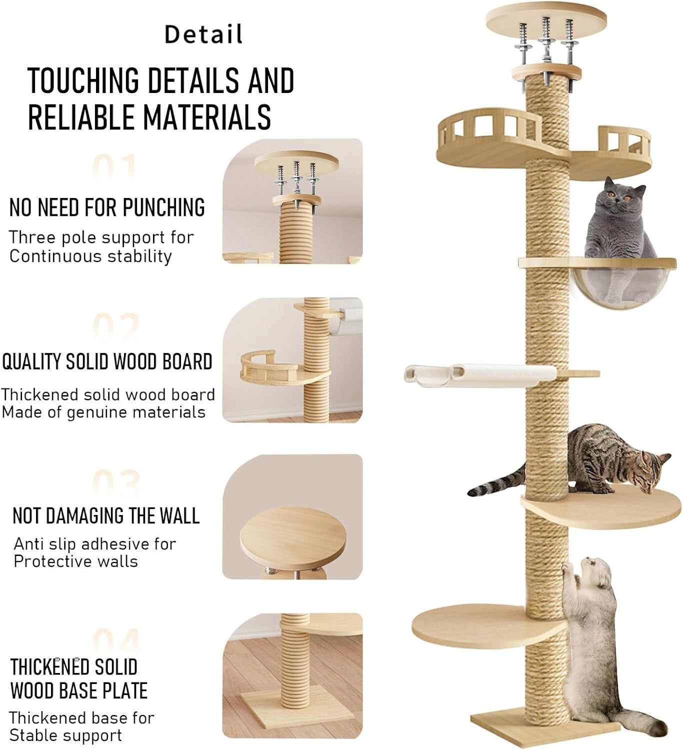 Floor to Ceiling Cat Tree 120in Adjustable Tall Scratching Tower Beige