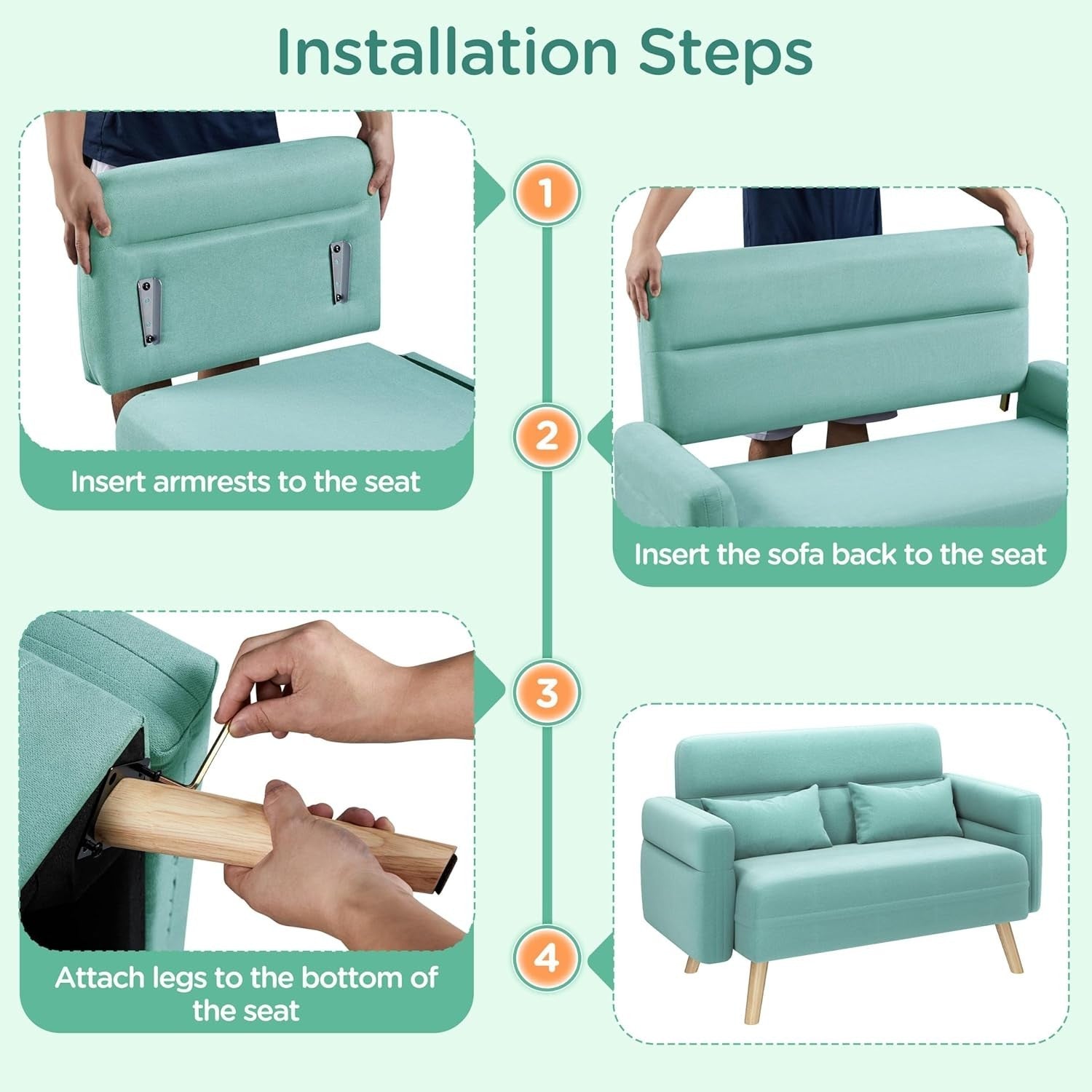 Aquamarine 2 Seater Sofa Small Couch Compact Mid Century Settee for Flats