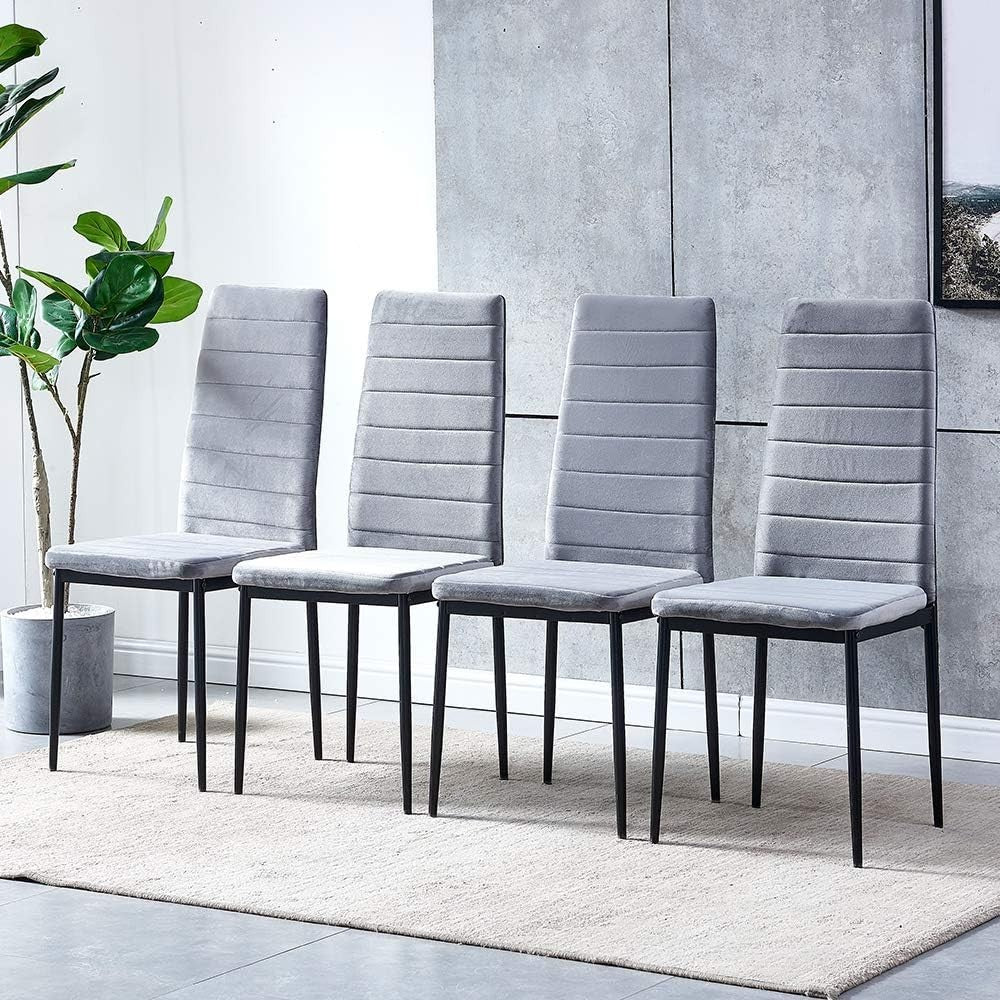 Black Dining Table Set 4 Grey Velvet Chairs Modern Space-Saving Kitchen