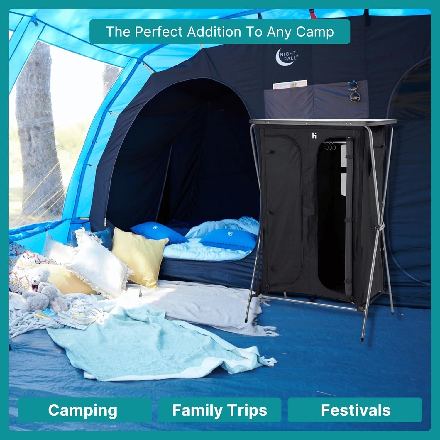 Folding Camping Wardrobe 5 Shelf Rail Storage Unit Tent Organiser Black