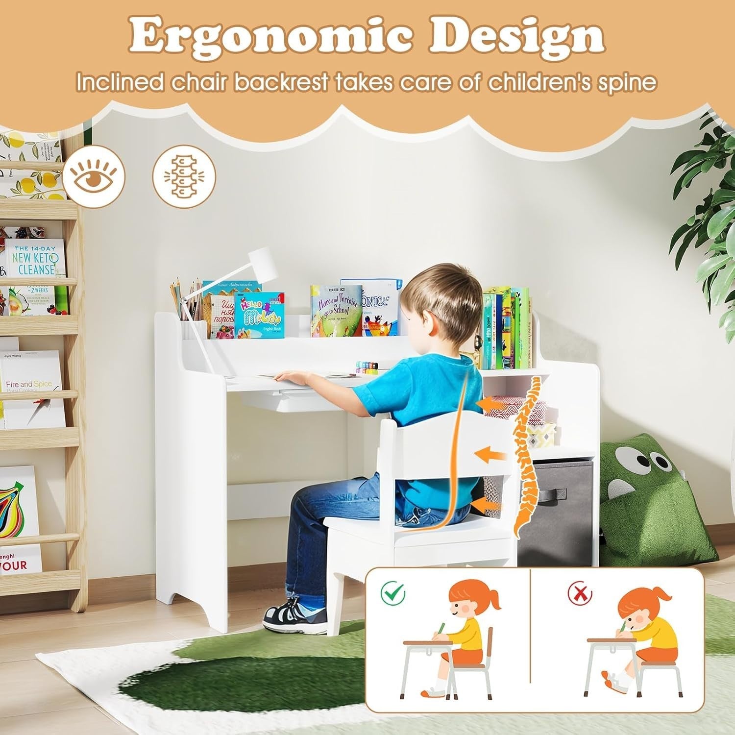 Kids Desk & Chair Set with Storage Drawers Bookshelves for Learning Play