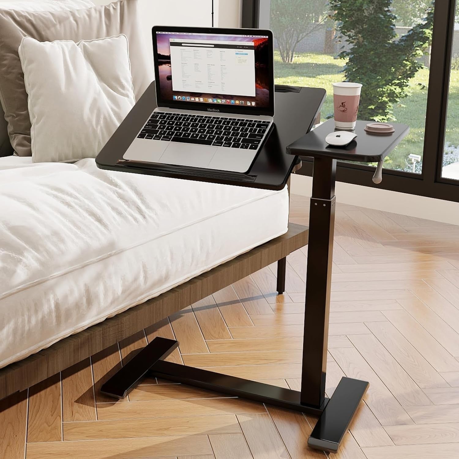 Adjustable Overbed Table with Wheels Split Top Laptop Desk Pneumatic Lift
