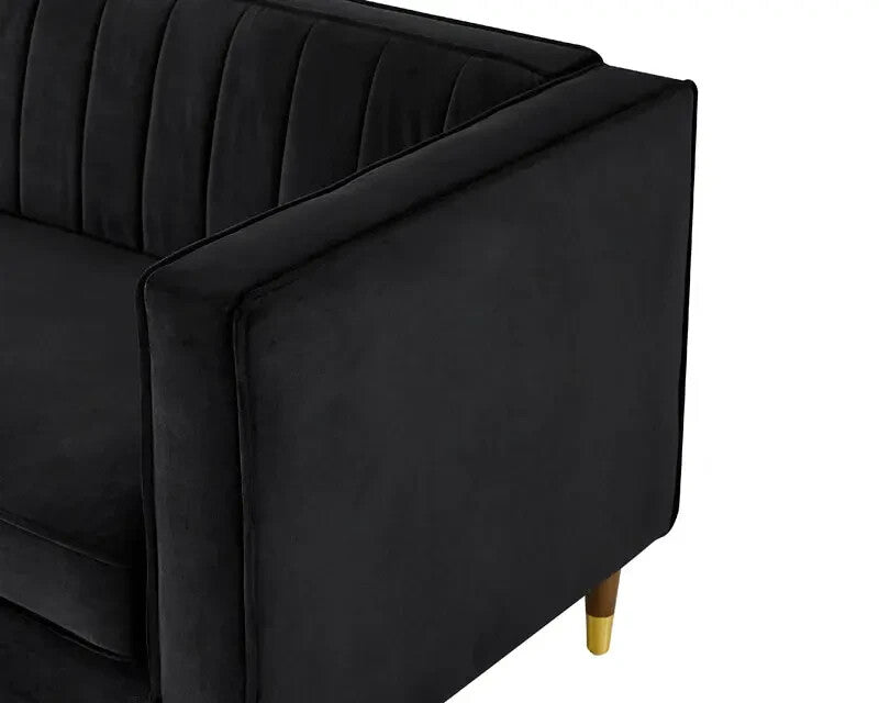 Black Velvet 2 Seater Sofa Ribbed Back Compact Couch Gold Legs UKFR