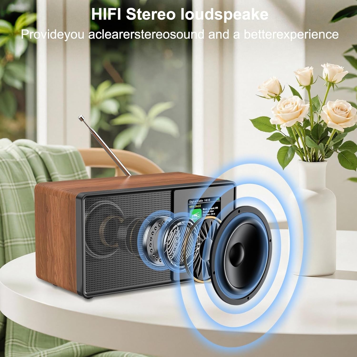 DAB DAB+ FM Digital Radio Bluetooth Alarm Remote 2.4” Display Wood