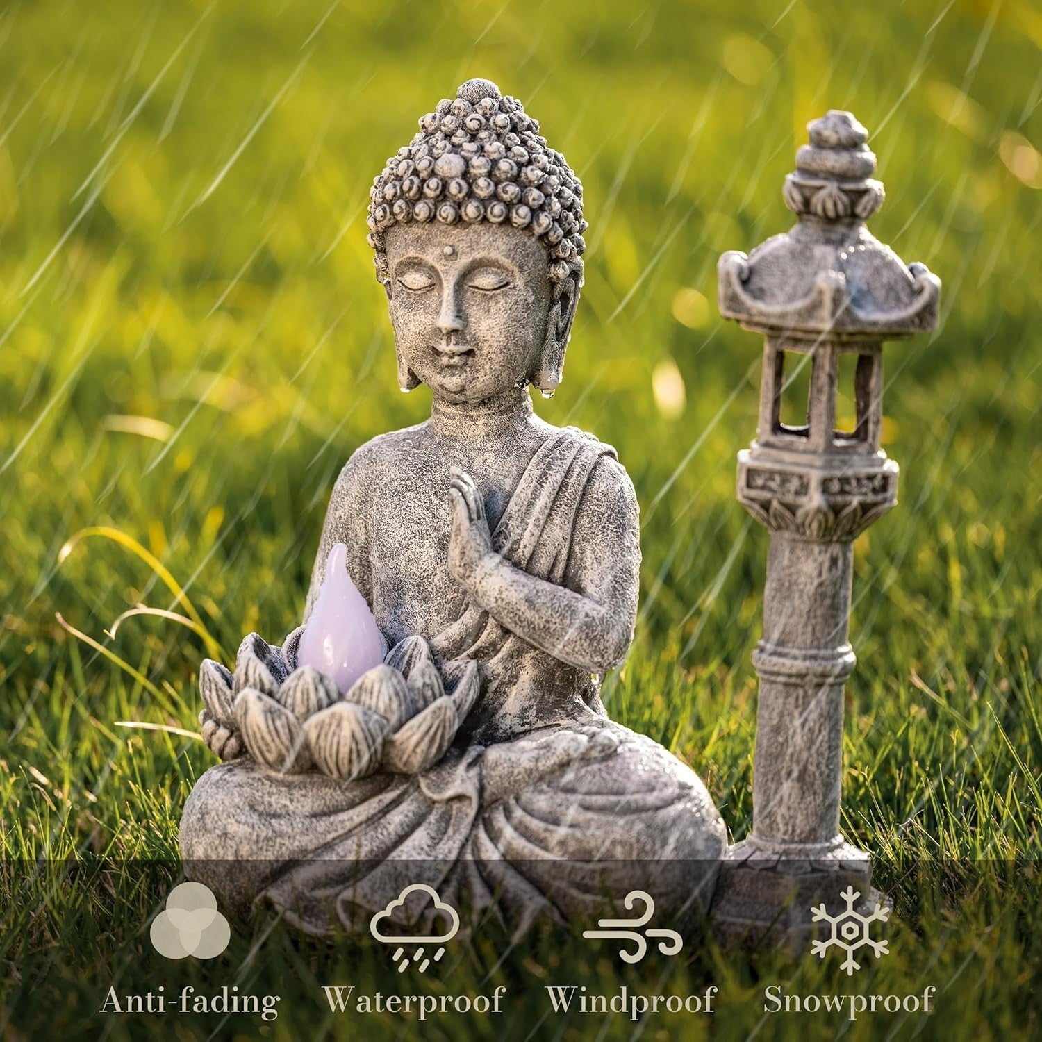 Meditating Buddha Statue with Solar Light Pagoda Set Outdoor Garden Decor Resin